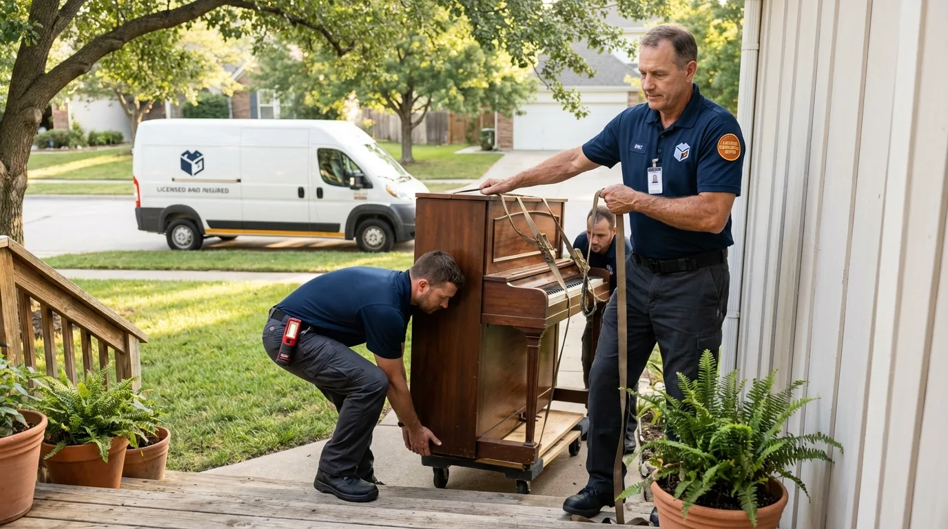 Licensed piano movers securing grand piano in Lake Elsinore, CA