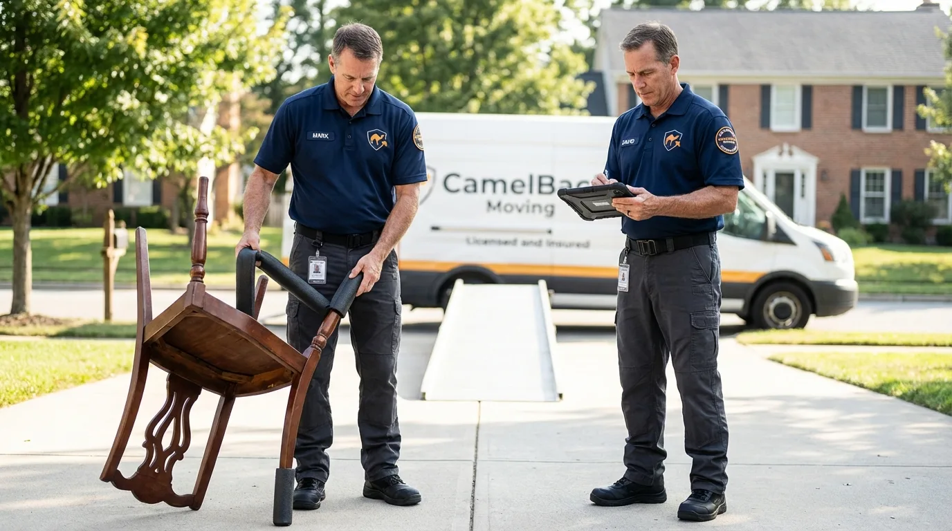 Movers inspecting furniture for damage prevention before loading in Lake Elsinore, CA