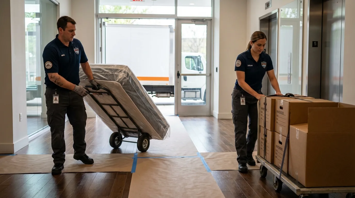 Professional apartment movers loading elevator in Lake Elsinore, CA