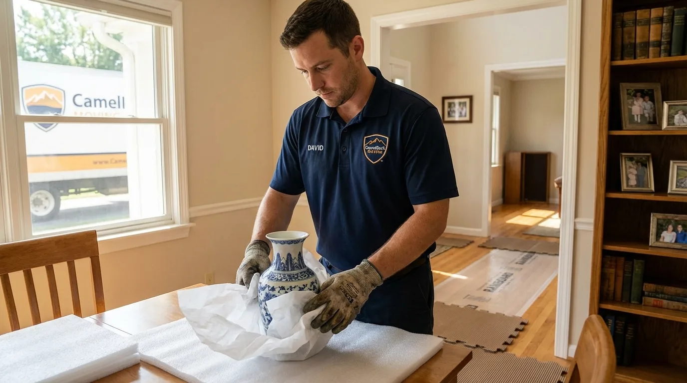 Professional crew carefully wrapping antique vase for senior downsizing move in Lake Elsinore, CA